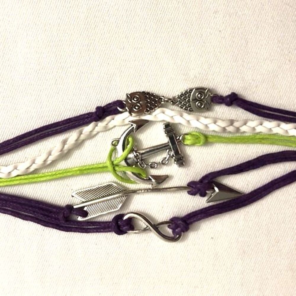 Anchor Owl Arrow Braided Leather Wrap Charm Bracelet Purple Green